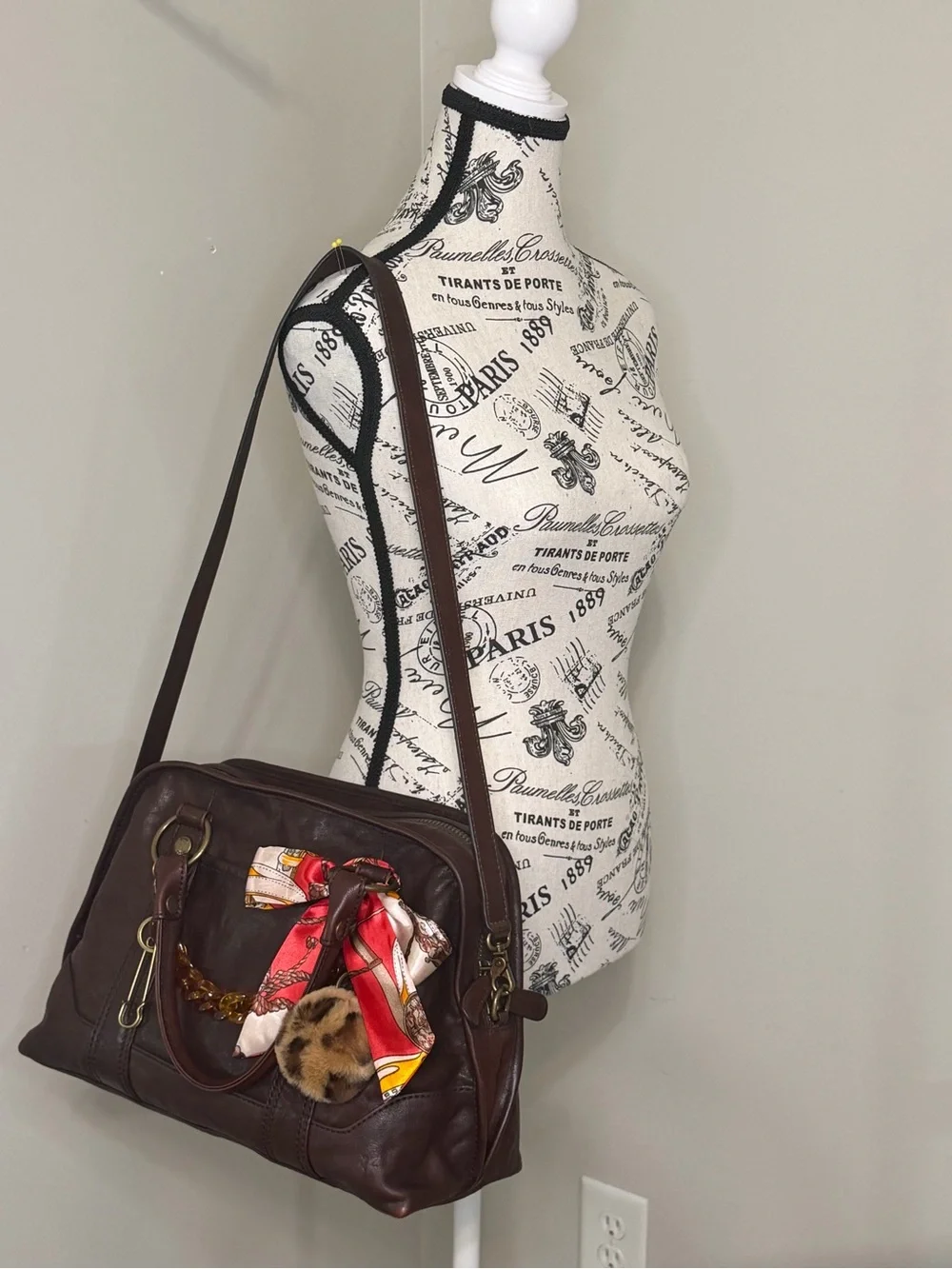 Frye Melissa Domed Satchel Dark Brown Leather with Red Accent Scarf & Charms
